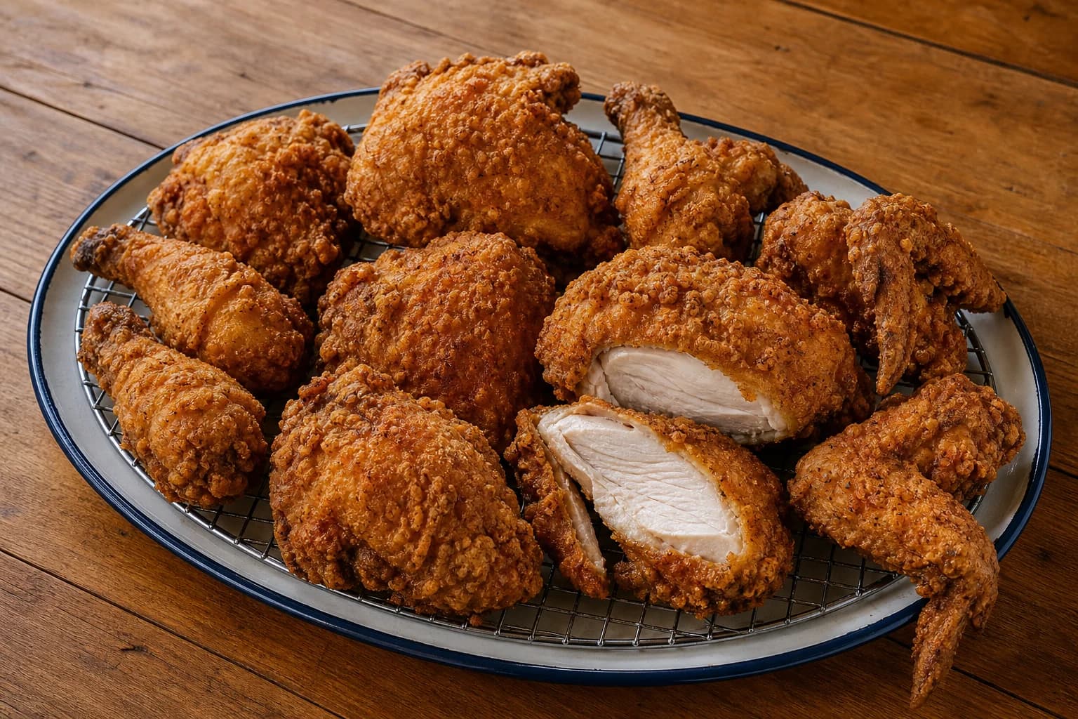 Southern buttermilk fried chicken with a craggy deep-golden crust and juicy fully cooked interior.