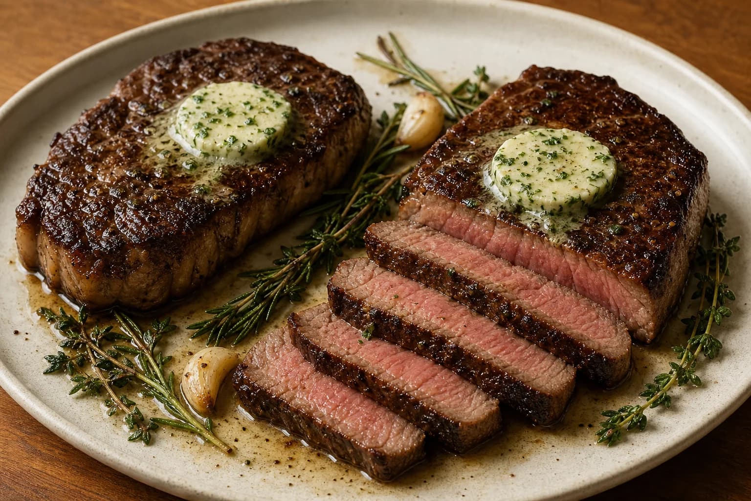 Sliced cast-iron steak with a dark seared crust, rosy center, garlic, herbs, and melting herb butter.
