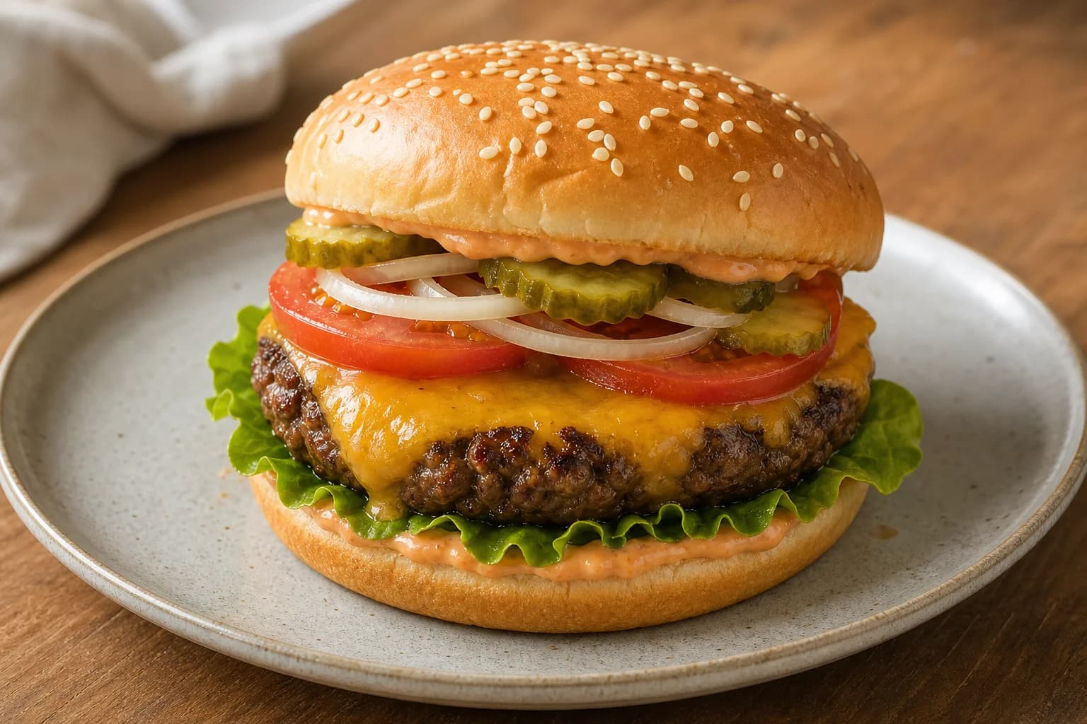 Grilled cheeseburger with a browned beef patty, melted cheese, toasted bun, lettuce, tomato, onion, and pickles.