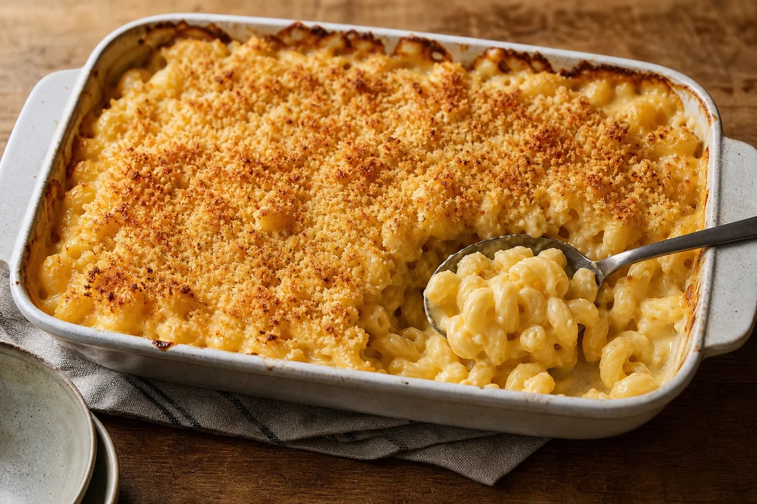 Creamy baked cavatappi macaroni and cheese with cheddar, Gruyère, and a crisp panko-Parmesan top.