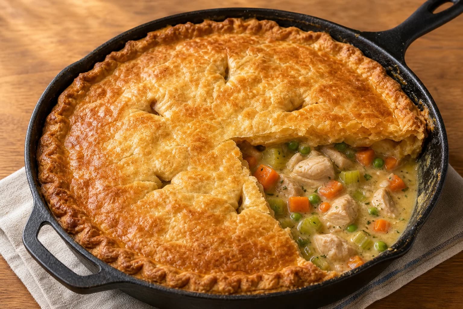Deep-skillet chicken pot pie with a flaky golden top crust and creamy chicken-and-vegetable filling.