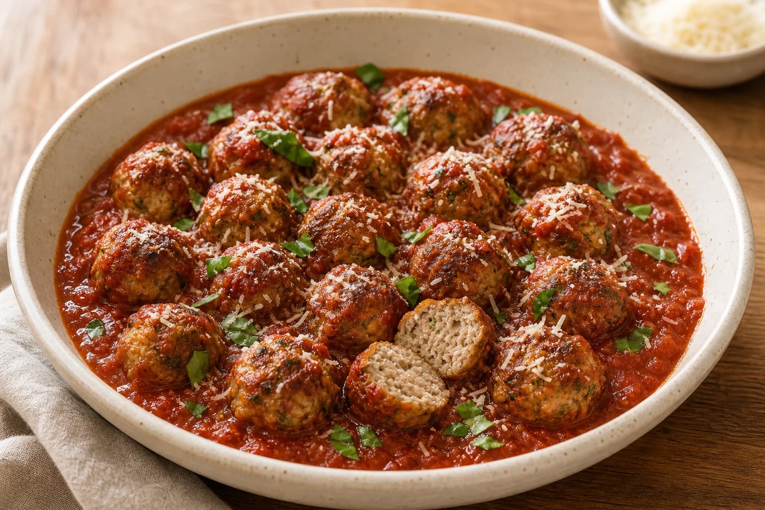 Tender turkey meatballs in thick tomato sauce with basil and finely grated Parmesan.