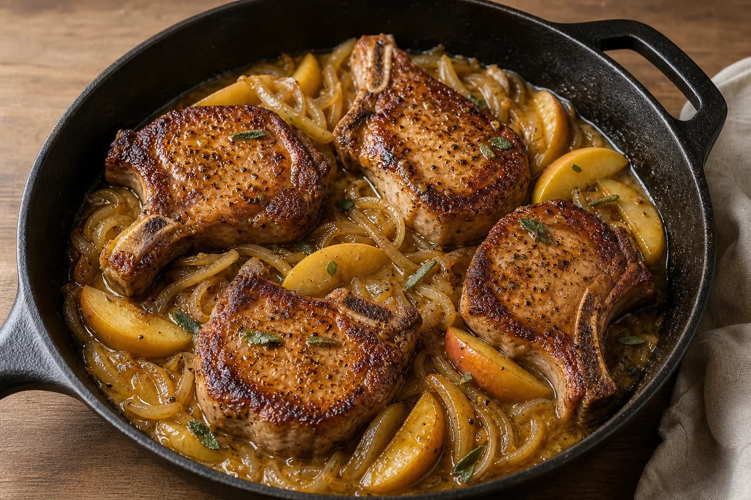 Browned bone-in pork chops with firm apple wedges, onions, sage, and glossy cider-mustard pan sauce.