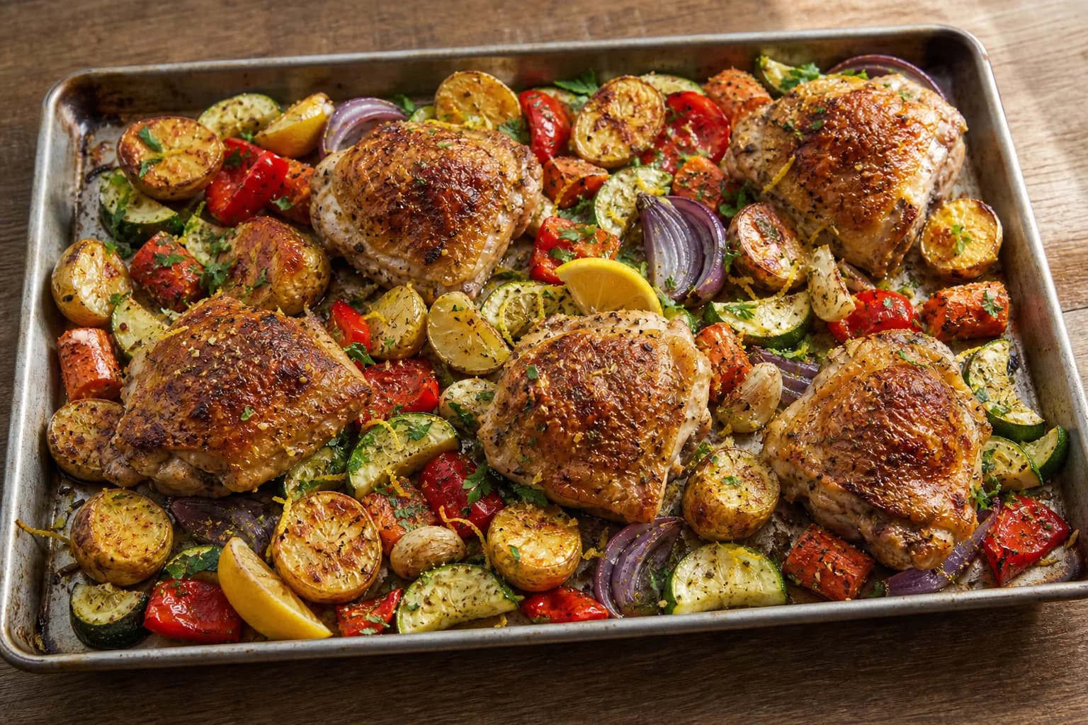 Crisp-skinned sheet-pan chicken thighs with browned potatoes, carrots, peppers, zucchini, onion, lemon, and parsley.