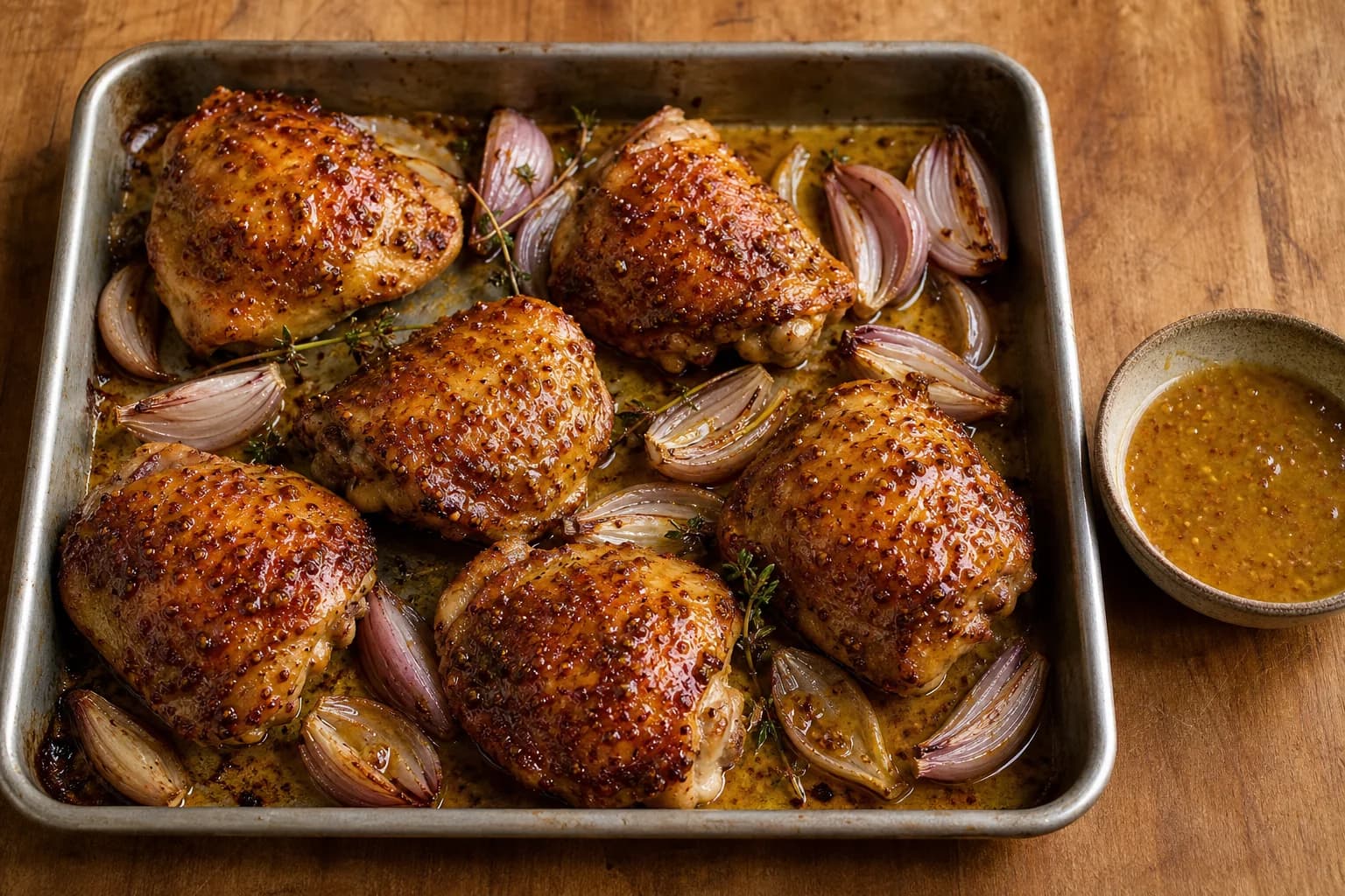 Roasted chicken thighs with crisp skin, bubbling honey-mustard glaze, shallots, thyme, and pan juices.