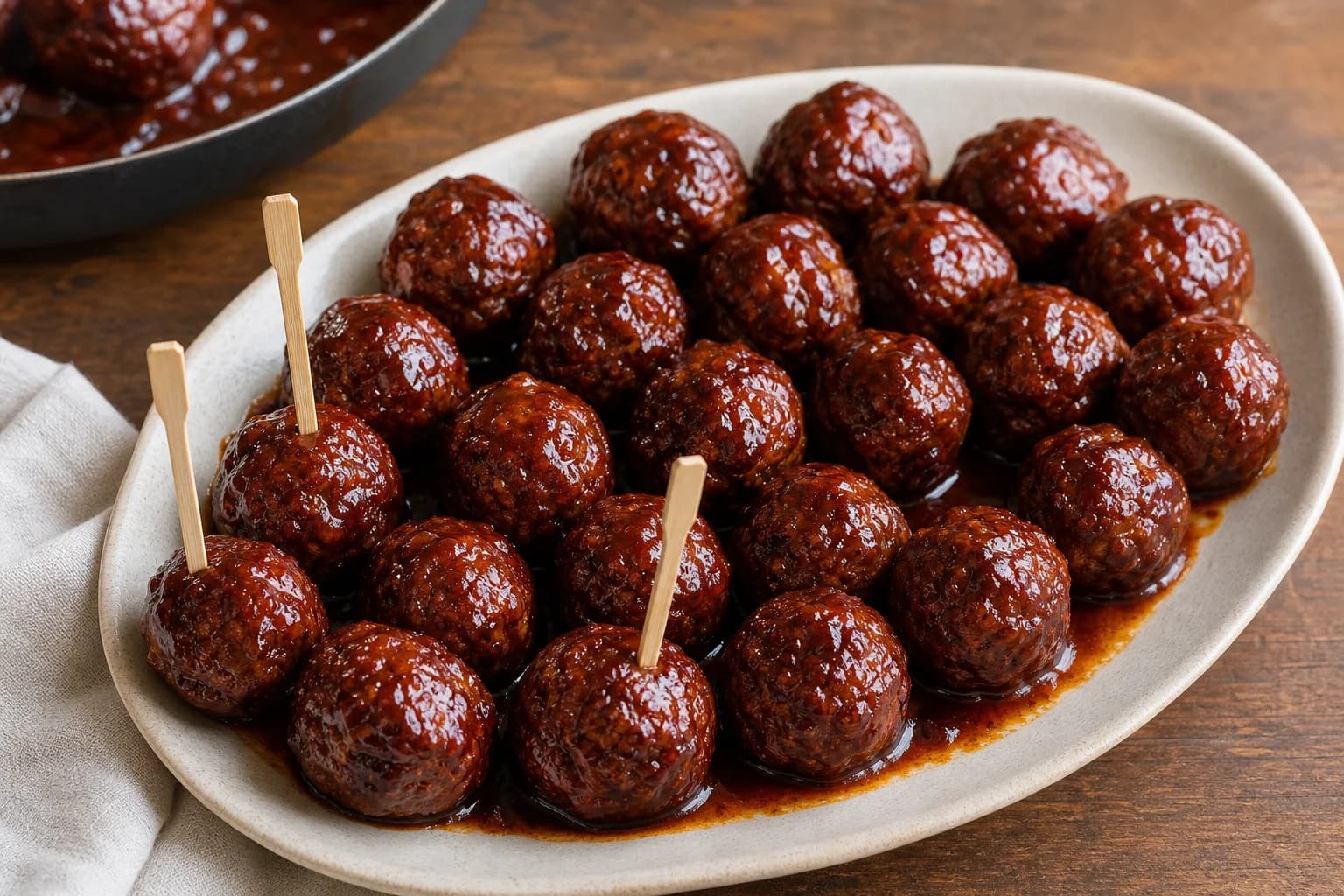 Browned beef-and-pork meatballs coated in a glossy tangy barbecue glaze.
