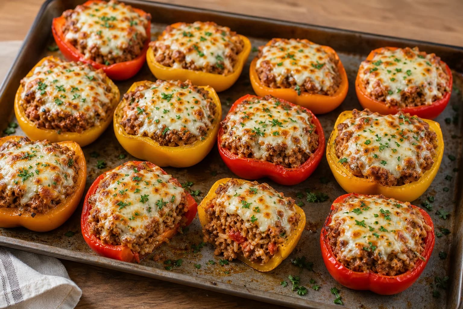 Tender red and yellow pepper halves filled with beef, rice, tomato, Parmesan, and browned mozzarella.