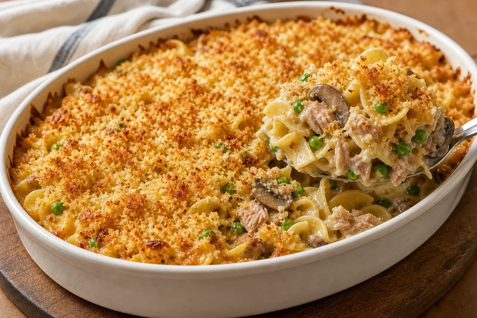 Creamy tuna noodle casserole with mushrooms, peas, cheddar, parsley, and a golden panko crust.