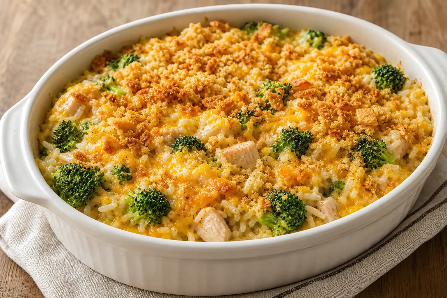 Chicken broccoli rice casserole with tender chicken, green broccoli, creamy rice, cheddar, and golden cracker crumbs.