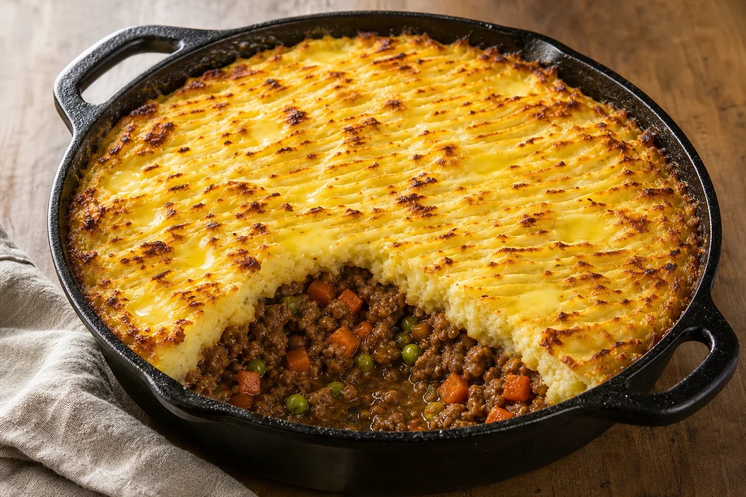 Skillet shepherd’s pie with lamb and vegetables in dark gravy beneath ridged browned mashed potatoes.