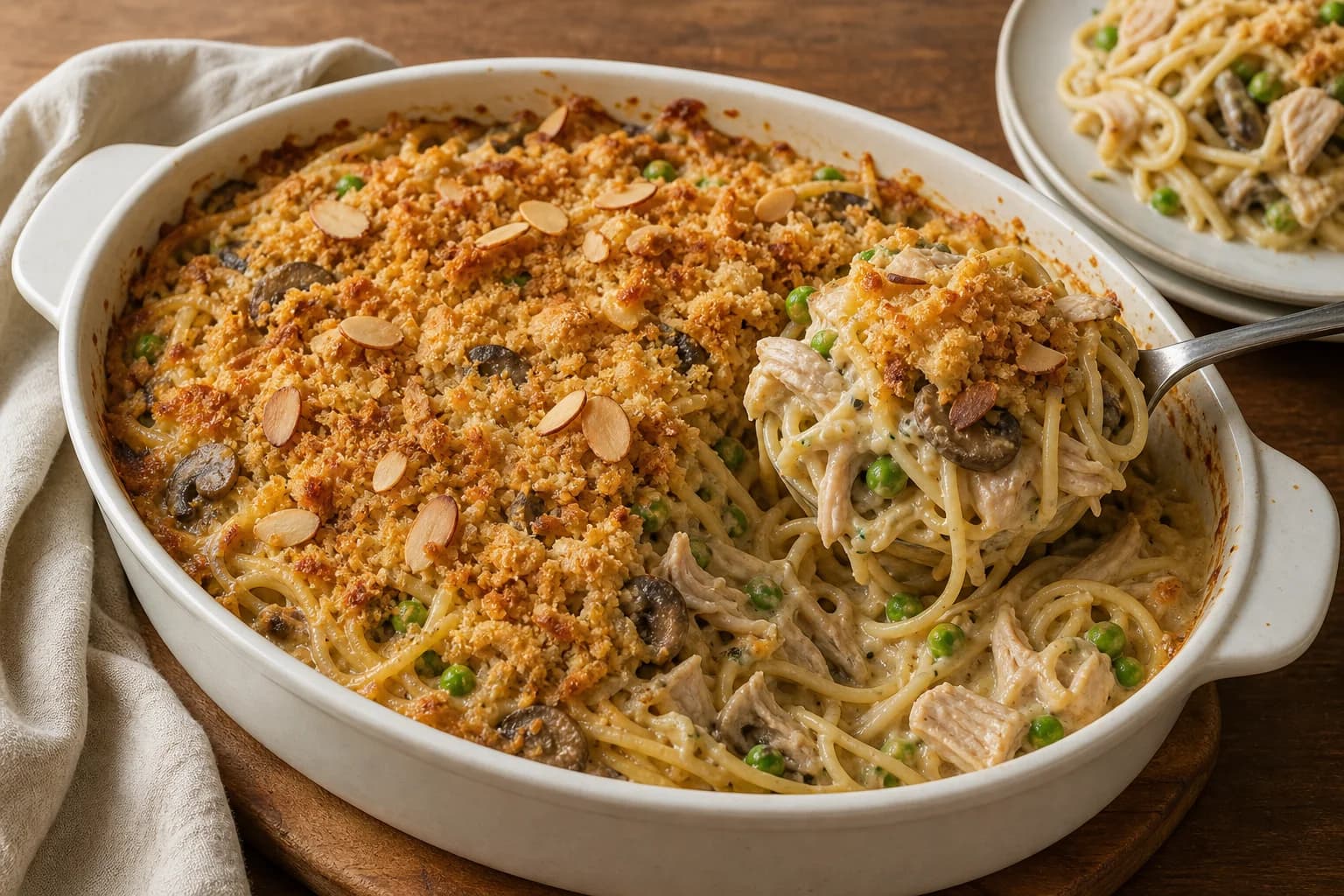 Creamy turkey tetrazzini with spaghetti, browned mushrooms, peas, sherry, Parmesan, almonds, and panko.