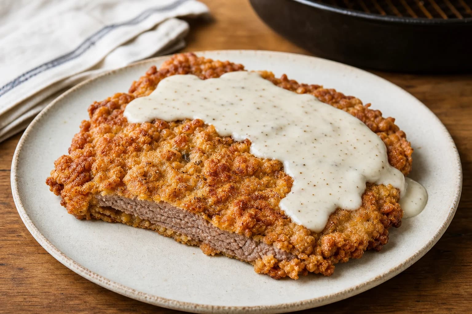 Texas-style chicken-fried steak with rough golden crust and peppered cream gravy spooned on at service.