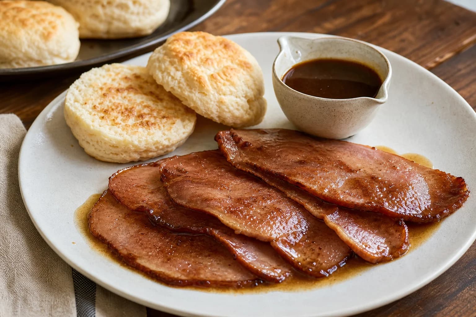 Browned country ham with thin coffee red-eye gravy and split hot biscuits.