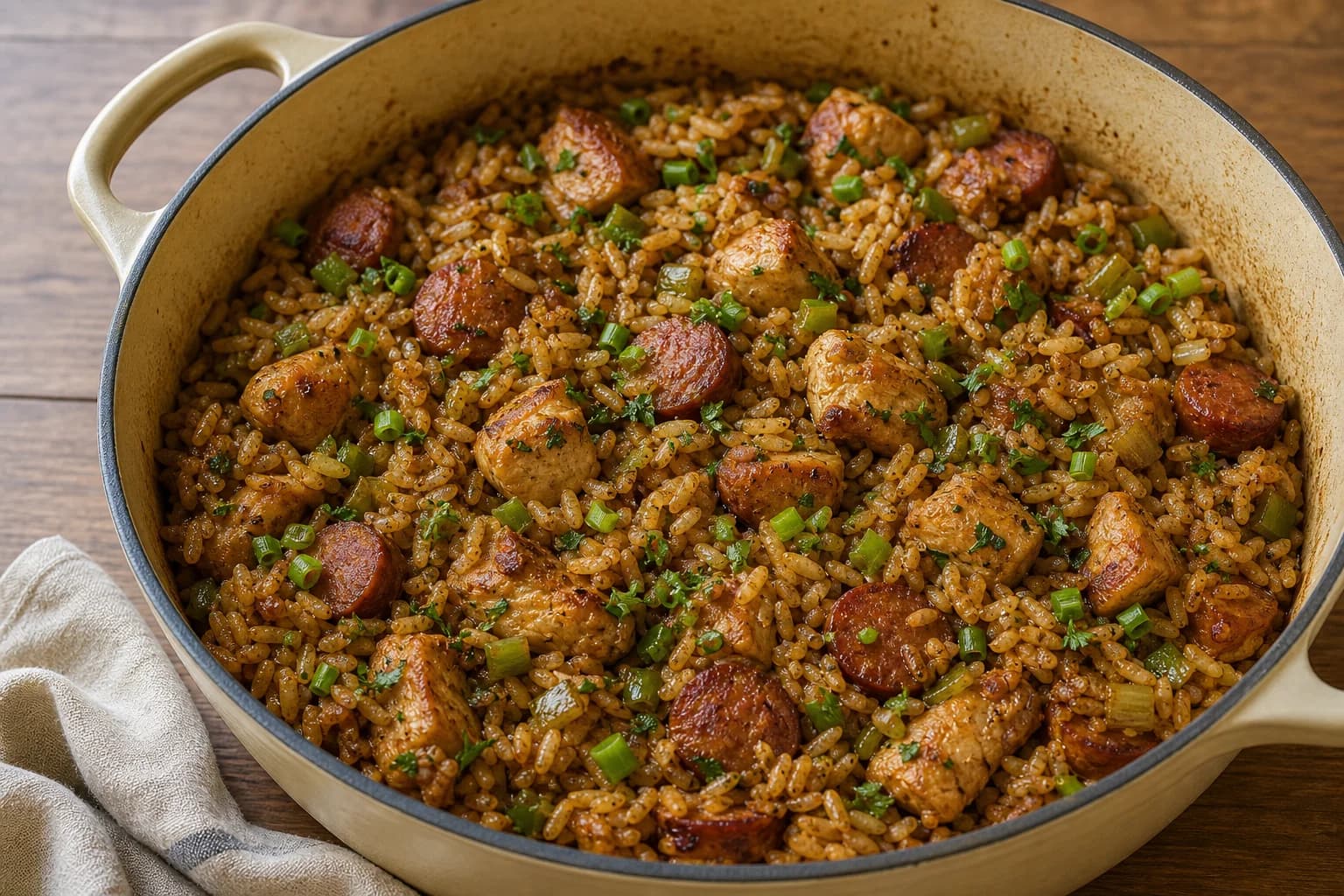 Cajun brown jambalaya with chicken, andouille, separate rice grains, the trinity, scallions, and parsley.