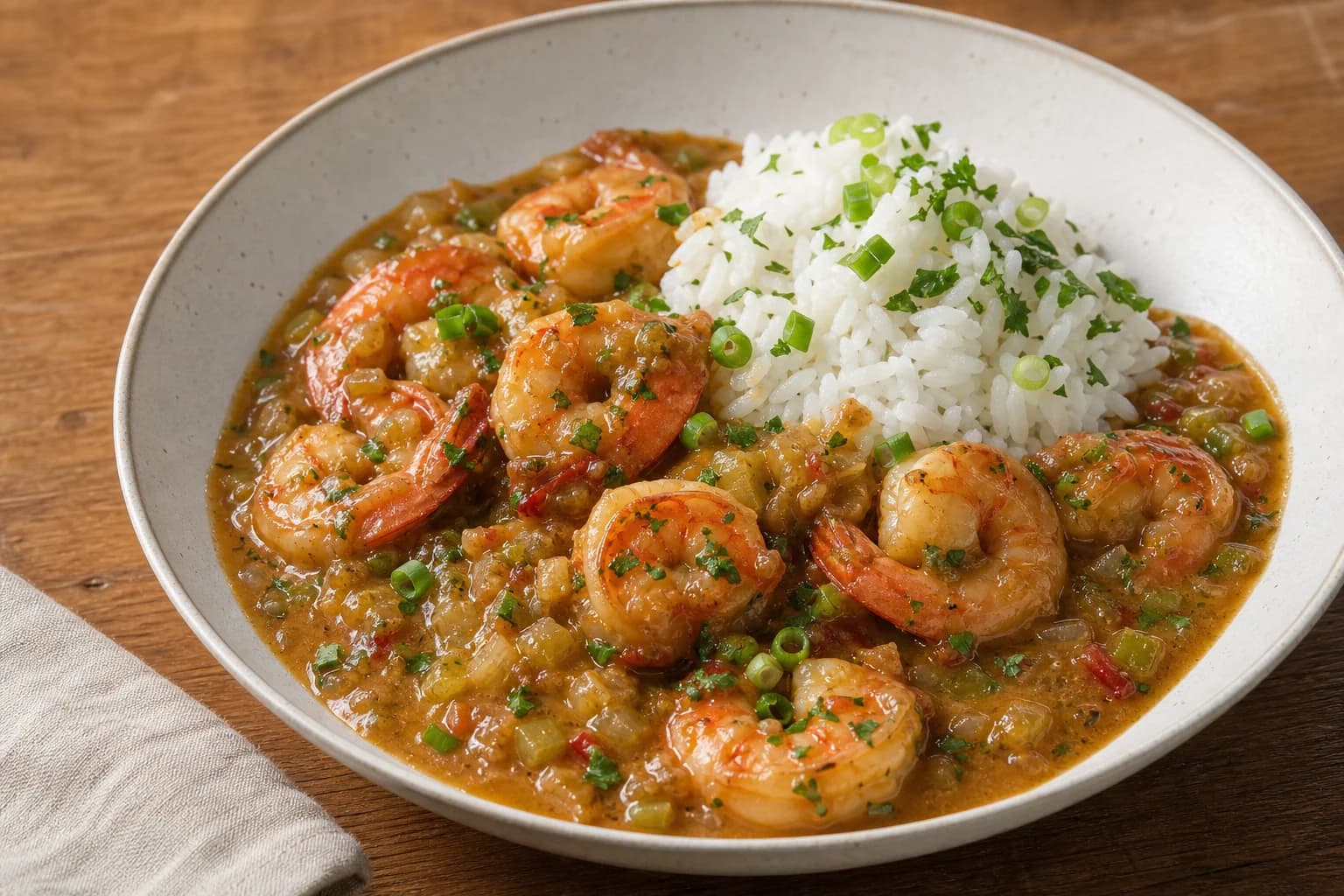 Louisiana shrimp étouffée with plump shrimp in glossy light-brown sauce over separate white rice.