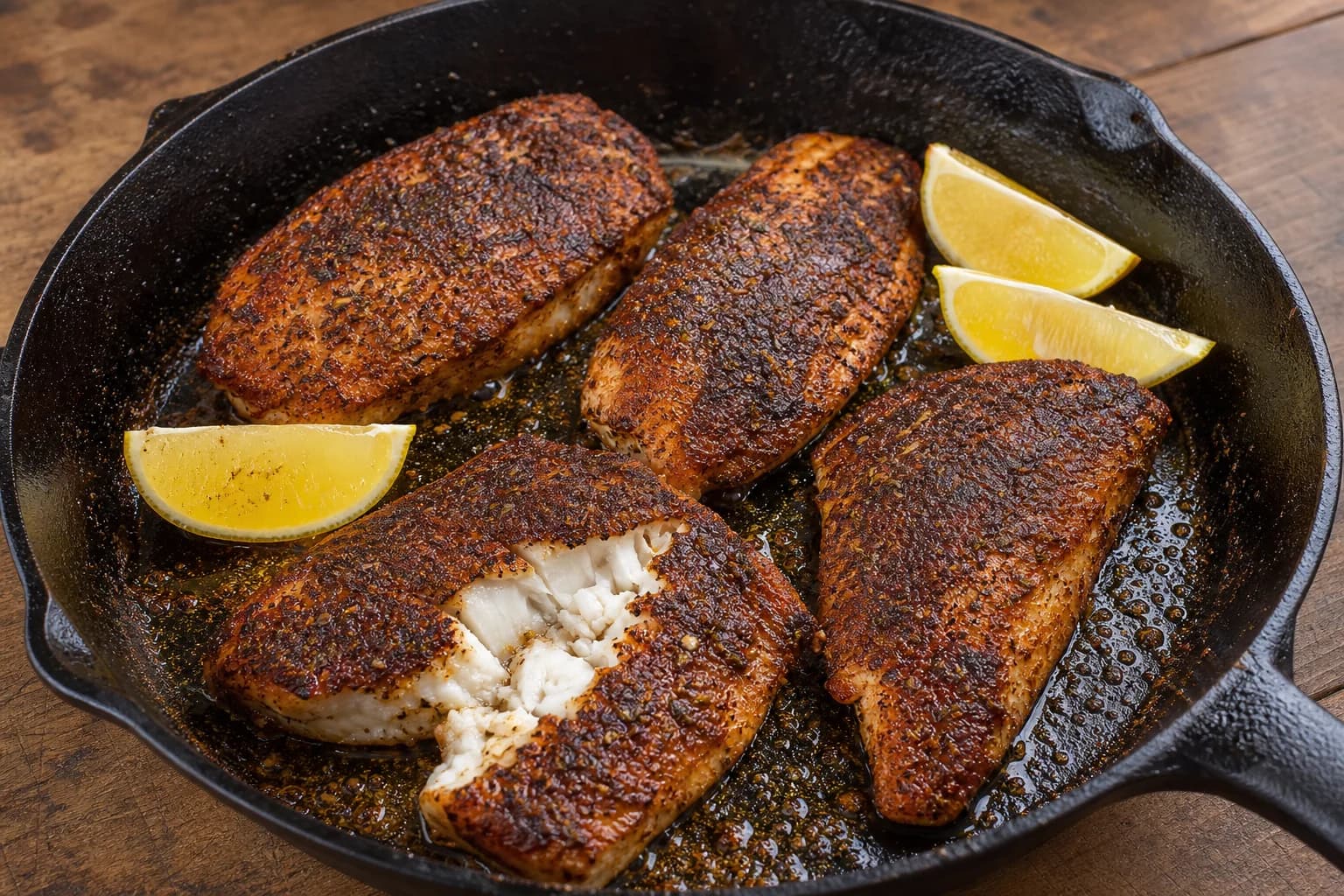 Louisiana blackened redfish with a dark brown spice crust, moist white flakes, and lemon.