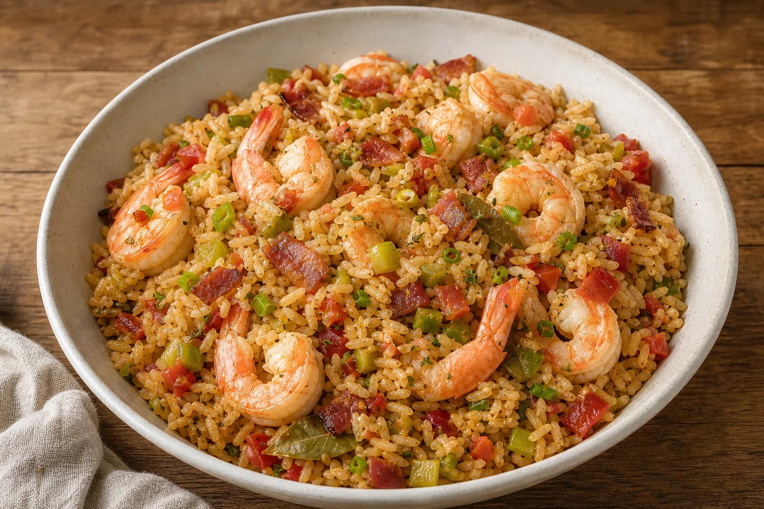 Lowcountry shrimp perloo with separate tomato-tinted rice, plump shrimp, bacon, peppers, celery, scallions, and lemon.