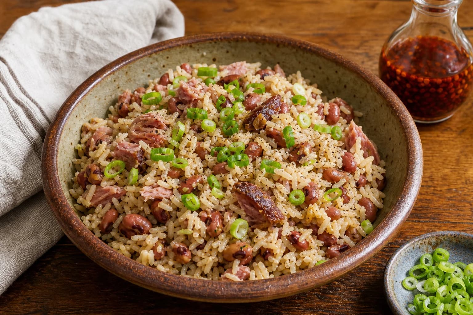 Lowcountry Hoppin’ John with separate rice, whole field peas, smoky ham, scallions, and pepper vinegar.
