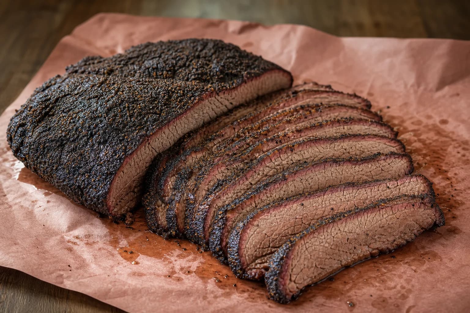 Central Texas smoked brisket with dark pepper bark, a moist smoke-ringed flat, and rendered point slices.