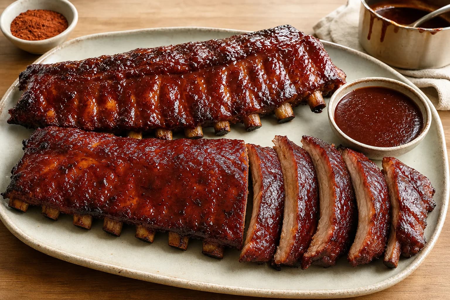Sticky barbecue pork ribs with a mahogany glaze, exposed bone ends, and tender meat that still holds to the bone.