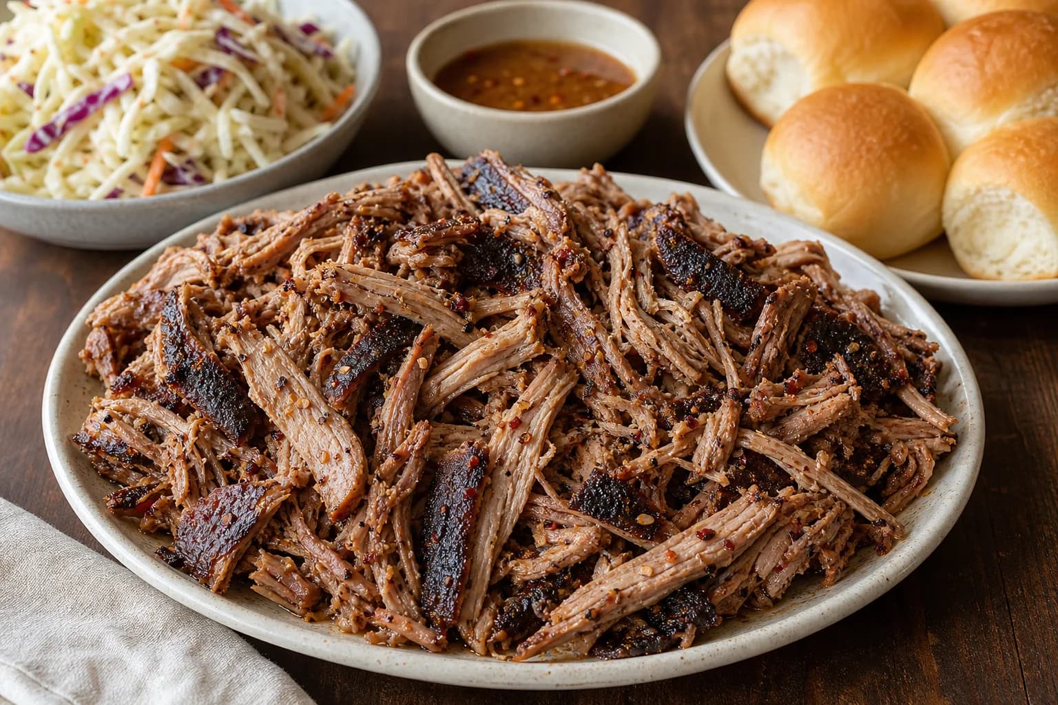 Carolina pulled pork with coarse smoky strands, dark bark pieces, thin pepper-vinegar sauce, slaw, and a soft roll.