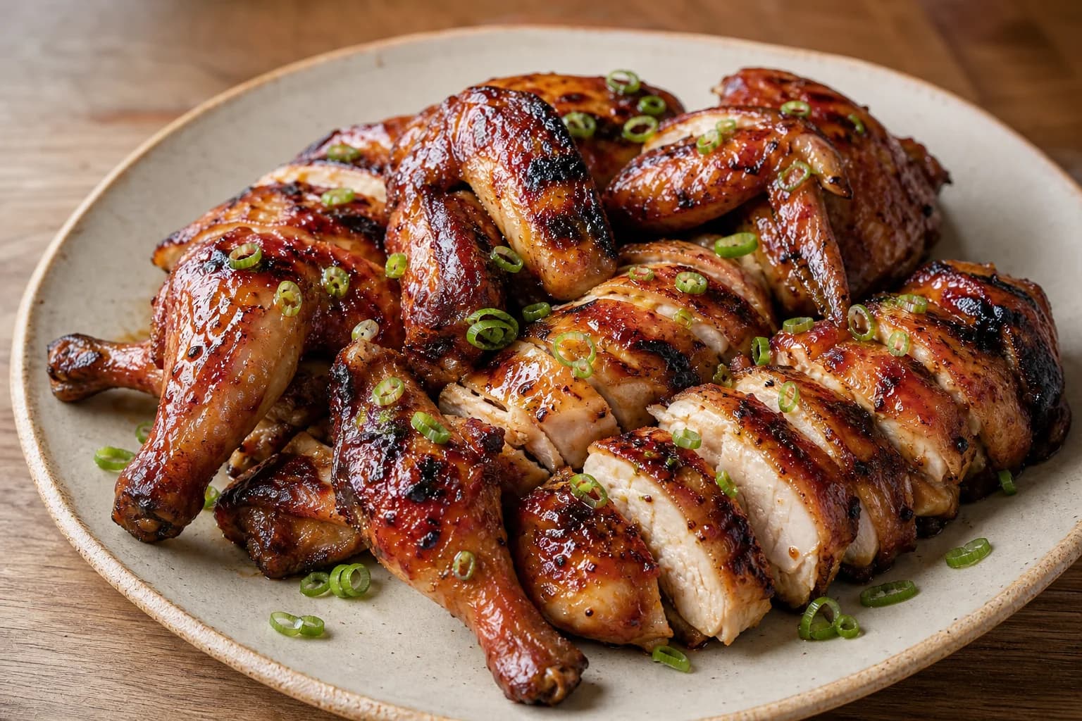 Hawaiʻi huli huli chicken with lacquered browned skin, juicy cut pieces, scallions, and restrained pineapple-soy glaze.