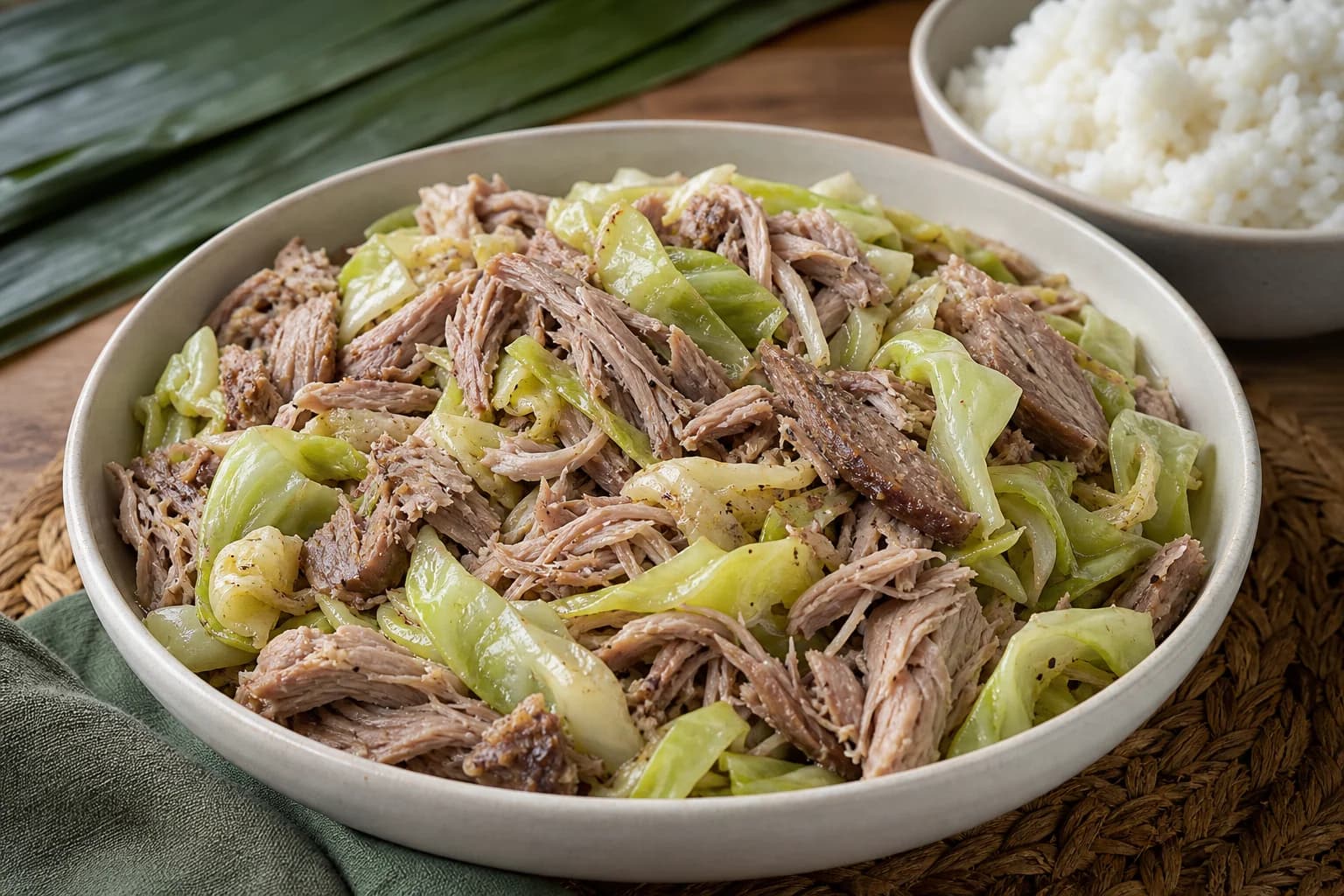 Kālua-style pork with moist coarse shreds, tender cabbage, banana leaf, rice, and reserved pork juices.
