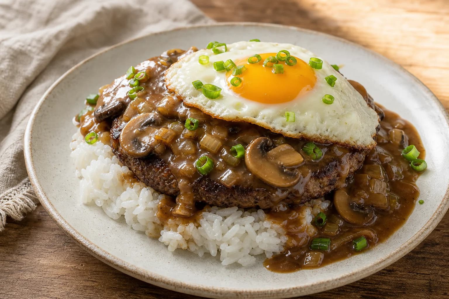 Hawaiʻi loco moco with white rice, browned beef patty, glossy mushroom gravy, fried egg, and scallions.