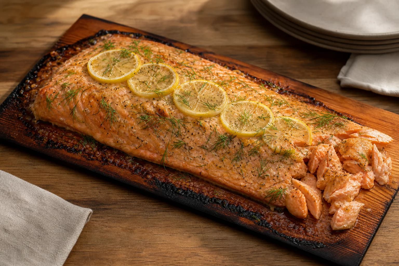 Cedar-plank salmon with moist maple-Dijon glazed flesh, lightly charred plank edges, lemon, and dill.