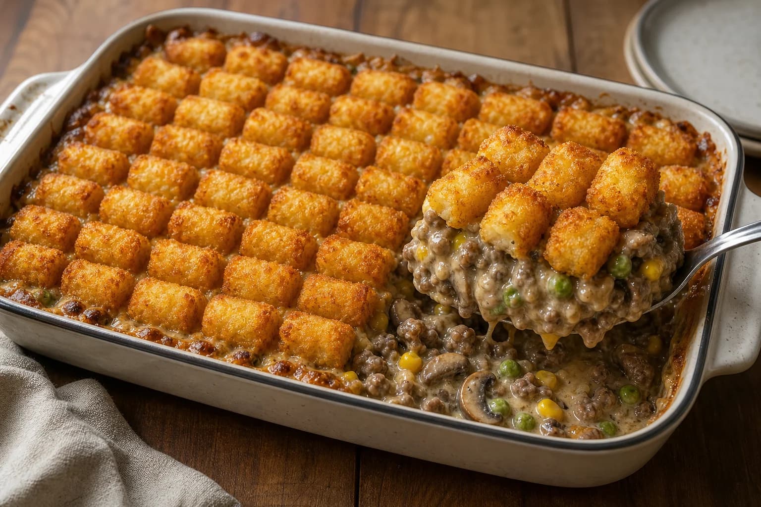 Upper Midwestern tater tot hotdish with crisp aligned tots over creamy beef, mushrooms, peas, and corn.