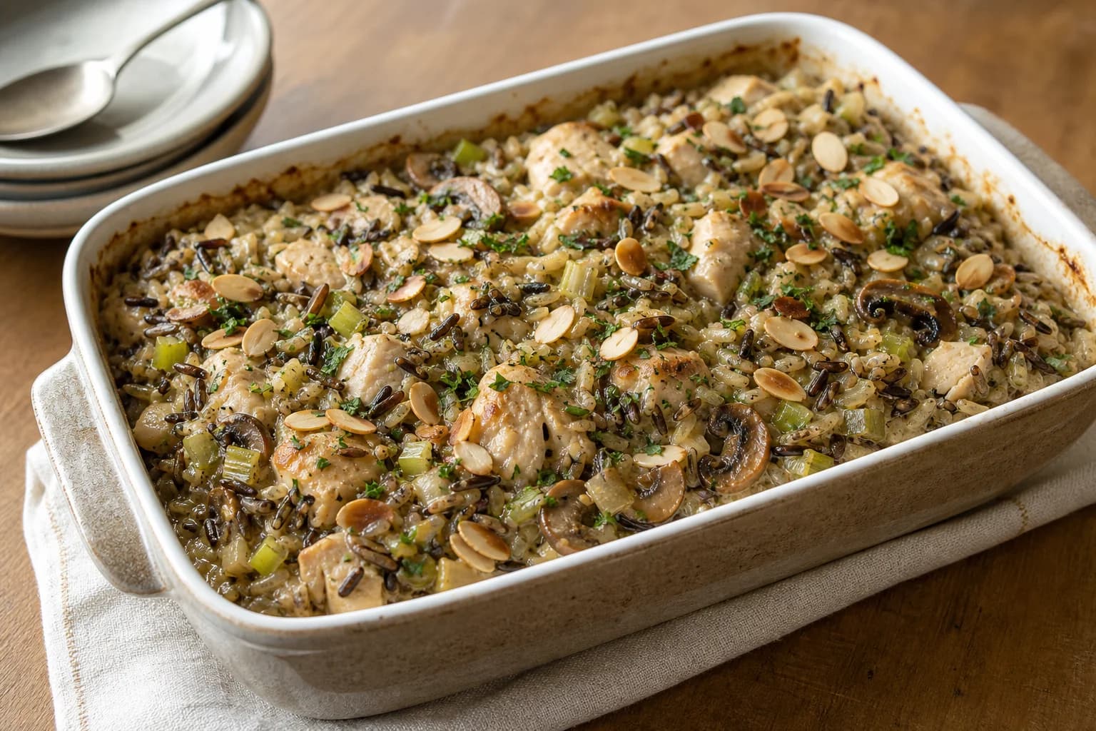 Chicken and wild rice bake with distinct split grains, roasted chicken, mushrooms, herbs, parsley, and toasted almonds.