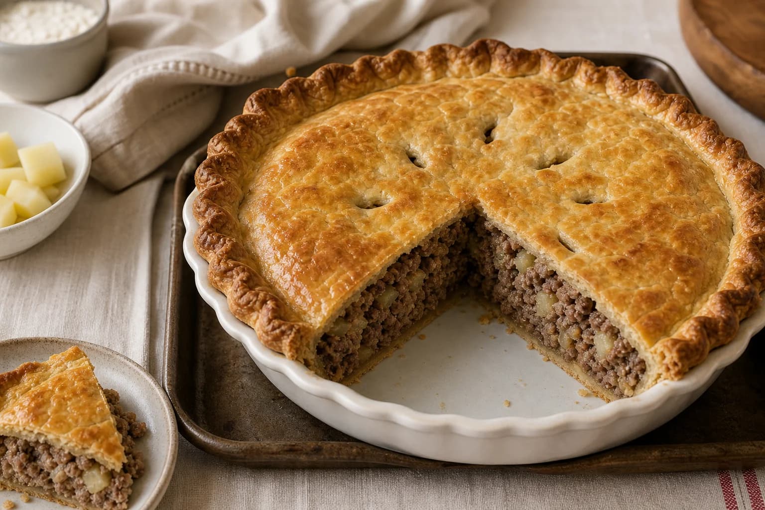 Québécois tourtière with a deeply golden double crust and a firm savory pork-and-beef filling.