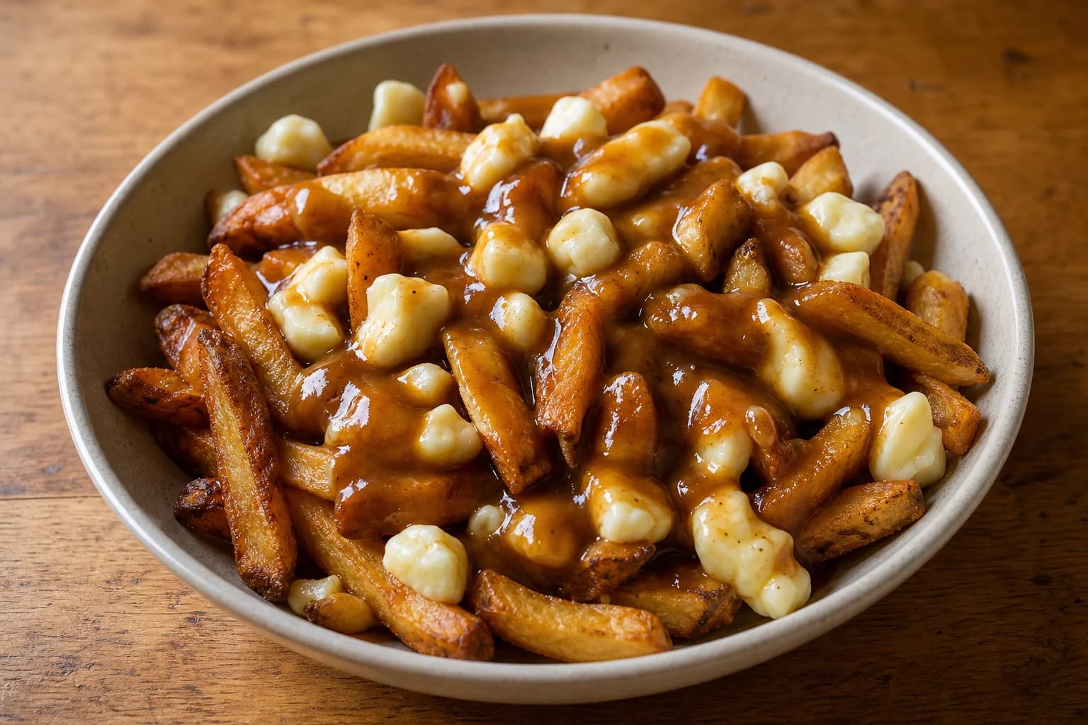 Québécois poutine with deep-golden fries, fresh white cheese curds, and glossy hot brown gravy.