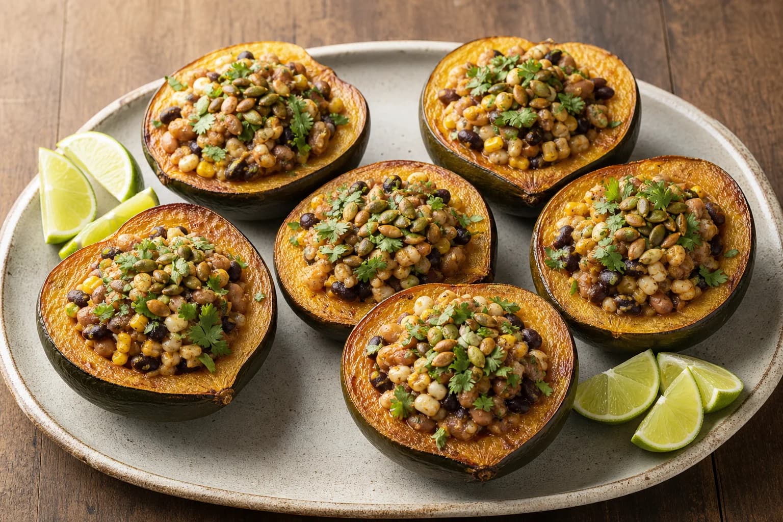Roasted acorn squash filled with black beans, hominy, corn, pumpkin seeds, cilantro, and lime.