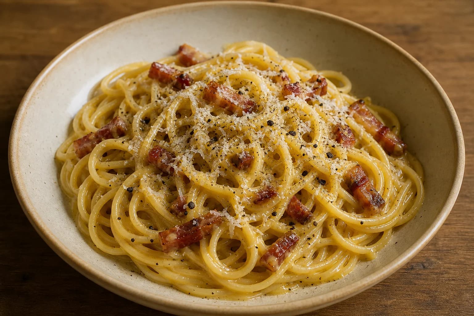 Roman spaghetti carbonara with glossy egg-Pecorino sauce, crisp guanciale, black pepper, and distinct noodles.