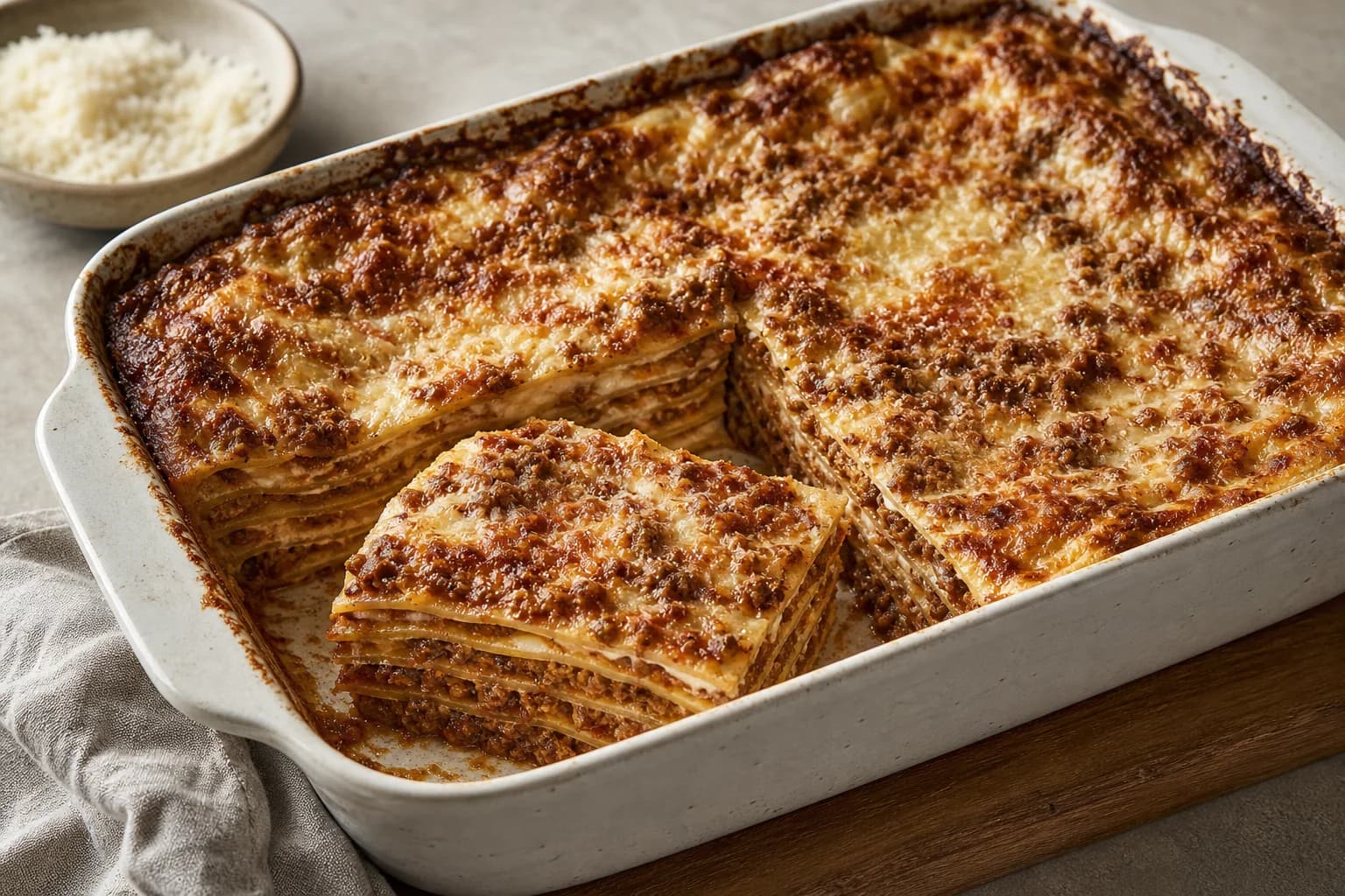 Classic beef lasagna with distinct pasta, slow beef ragù, creamy béchamel, Parmigiano, and browned edges.