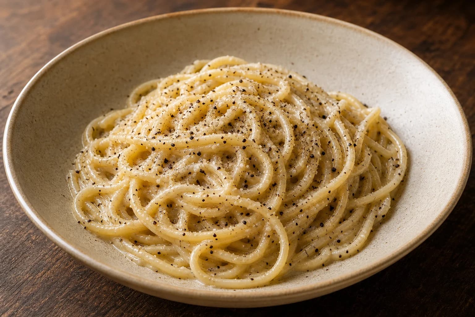 Roman cacio e pepe with glossy Pecorino sauce, toasted black pepper, and distinct tonnarelli strands.