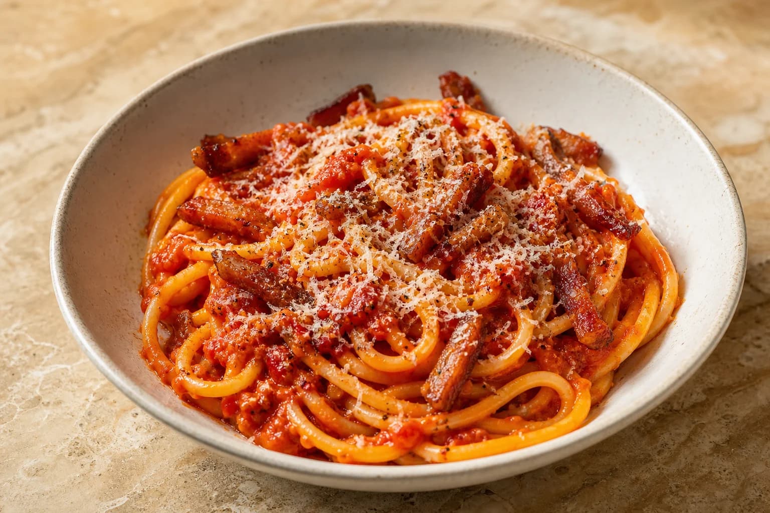 Roman bucatini all’amatriciana with tomato, crisp guanciale, Pecorino Romano, chile, and glossy coated pasta.