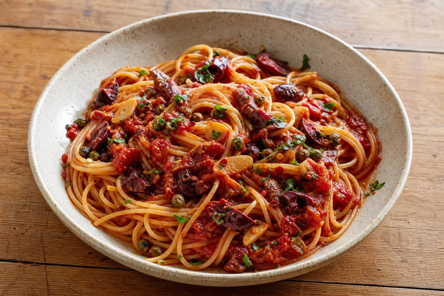 Spaghetti puttanesca with bright tomato, olives, capers, anchovy, garlic, chile, parsley, and glossy noodles.