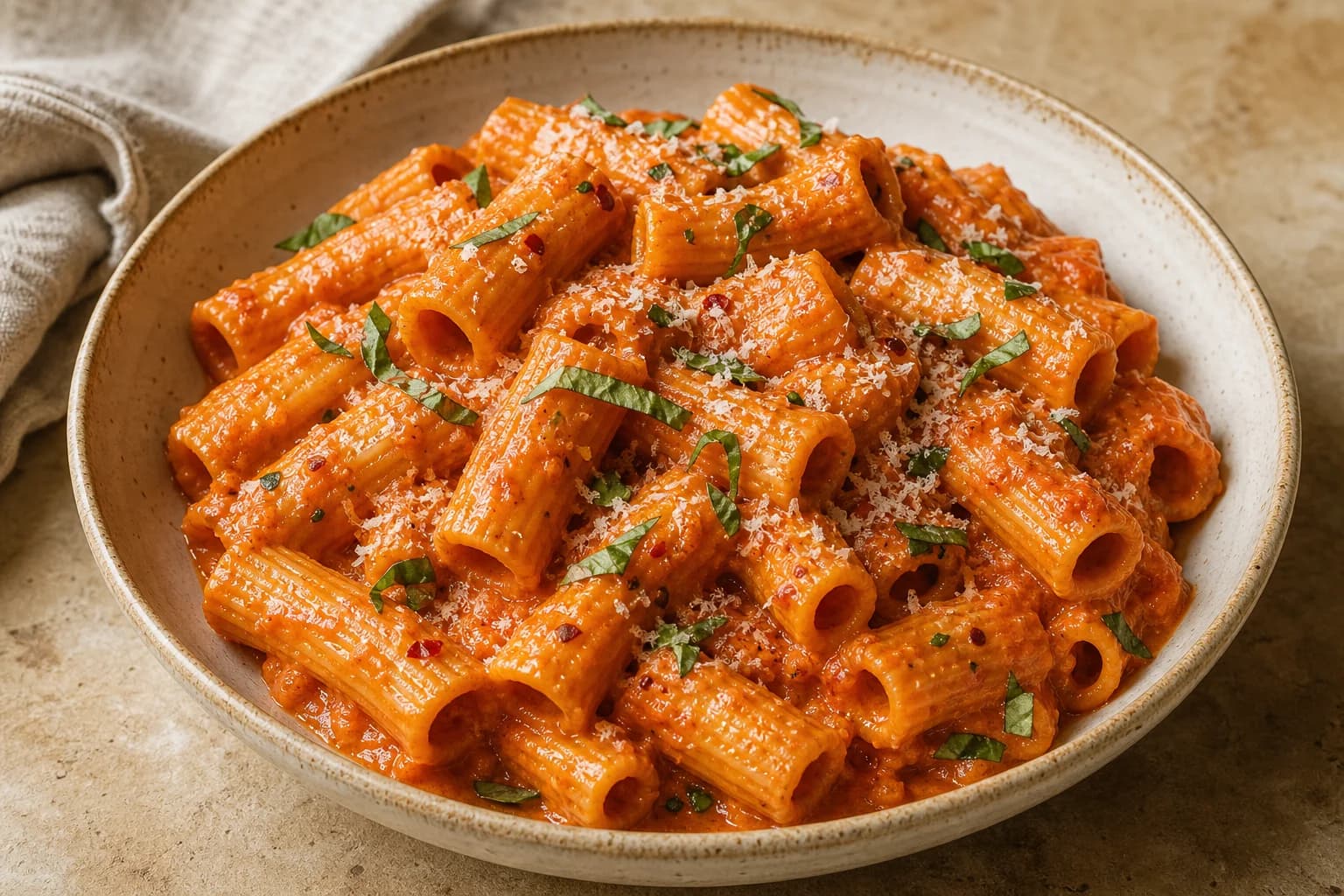 Rigatoni alla vodka with glossy orange tomato-cream sauce, Parmigiano-Reggiano, basil, and sauce-filled tubes.