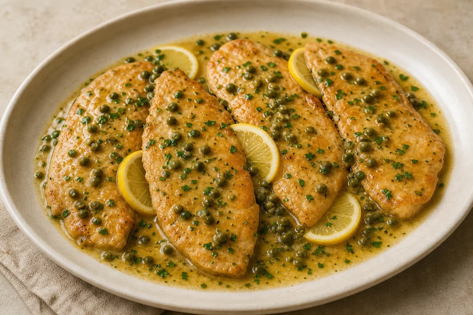 Golden chicken piccata cutlets with a glossy lemon-butter pan sauce, capers, parsley, and lemon.