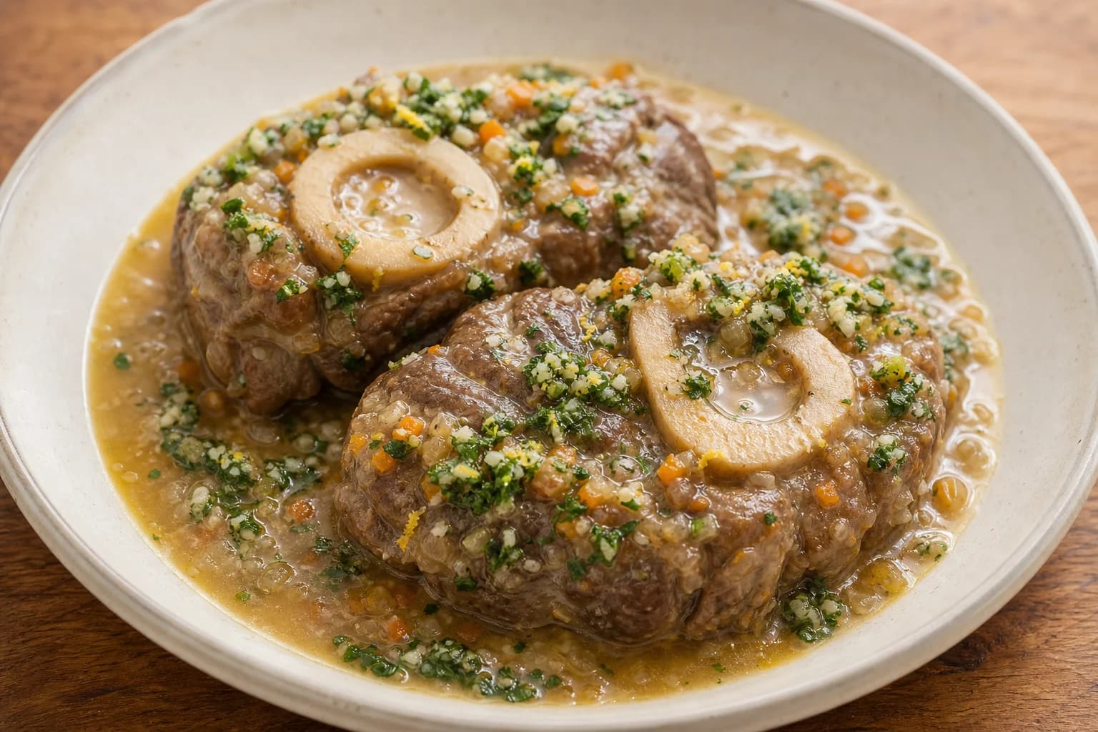 Milanese osso buco with tender veal shanks, intact marrow bones, pale braising sauce, vegetables, and fresh gremolata.