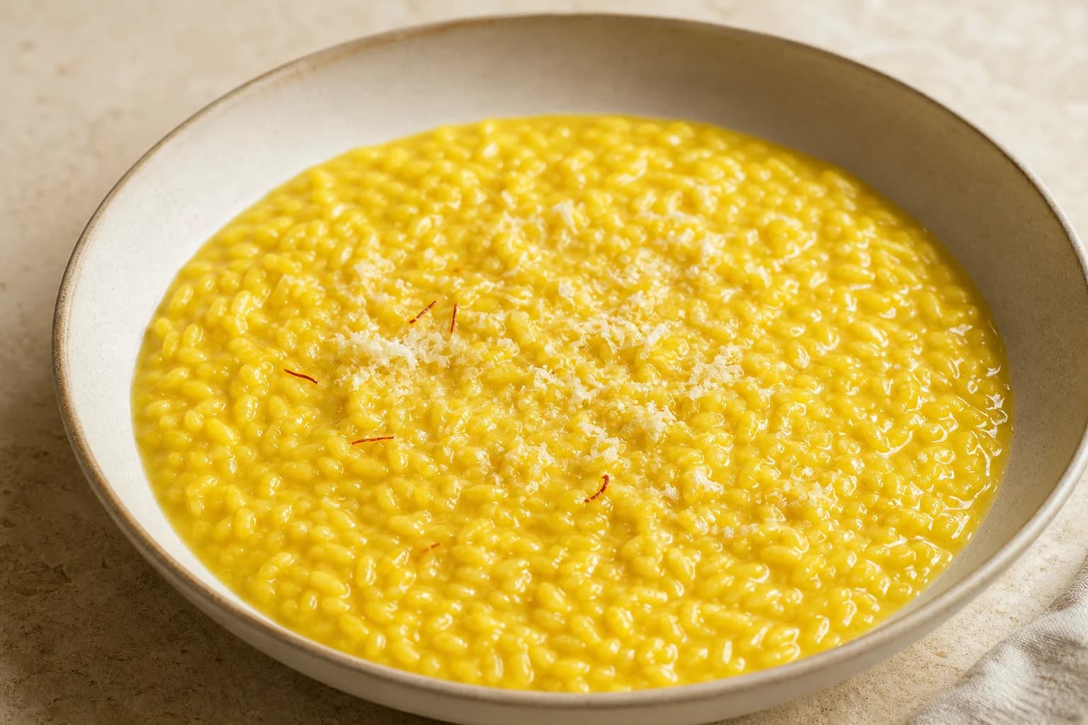 Risotto alla milanese with flowing saffron-gold Carnaroli rice, Parmigiano, and a glossy all’onda finish.