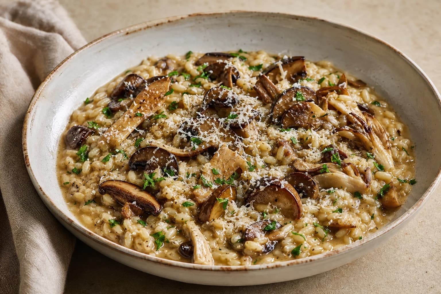 Wild mushroom risotto with flowing Carnaroli rice, browned mixed mushrooms, porcini, parsley, and Parmigiano.
