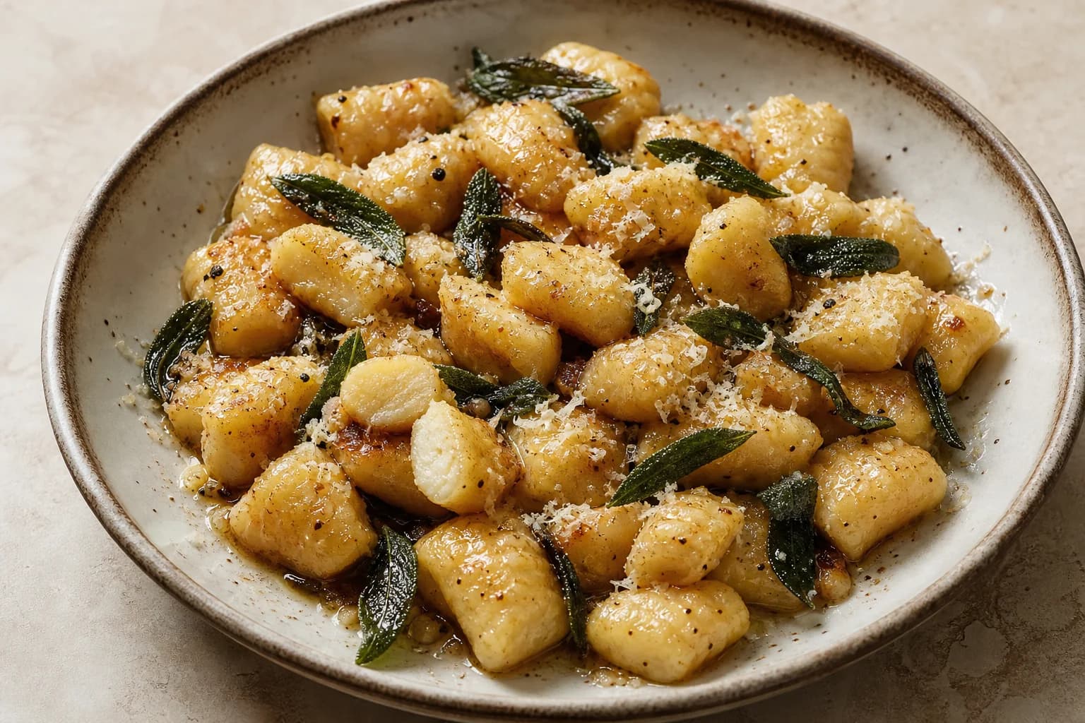 Potato gnocchi pillows glazed with brown butter, crisp sage, Parmigiano, and black pepper.
