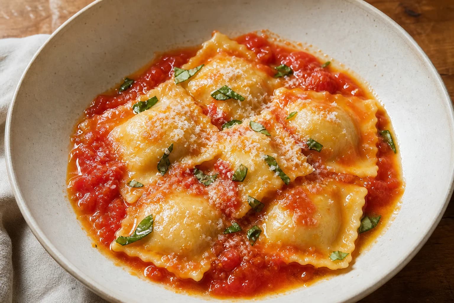 Handmade ricotta ravioli with thin sealed pasta, tomato-butter sauce, basil, and Pecorino Romano.