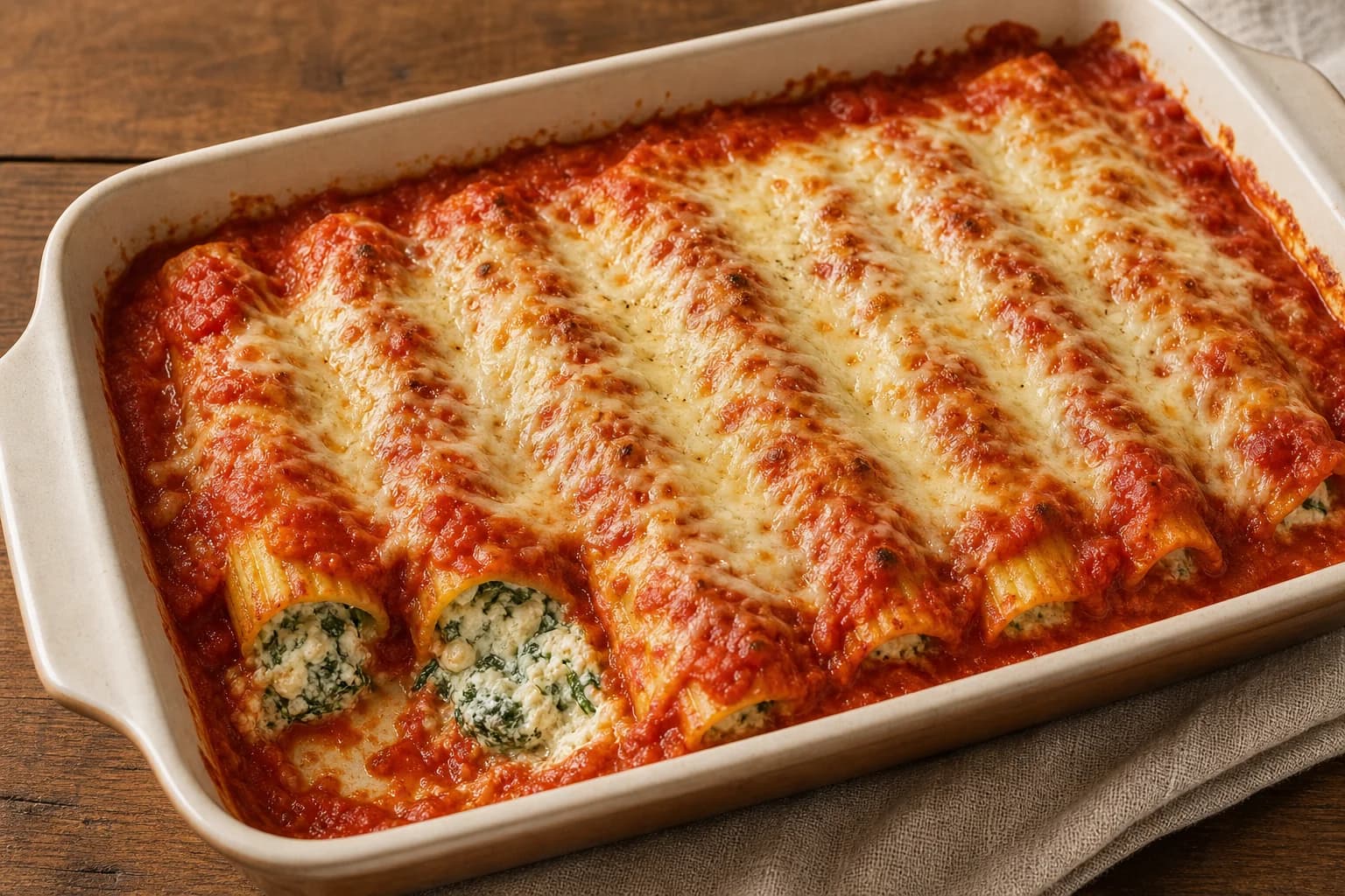 Spinach-ricotta manicotti tubes baked in marinara with browned mozzarella, Pecorino, and basil.