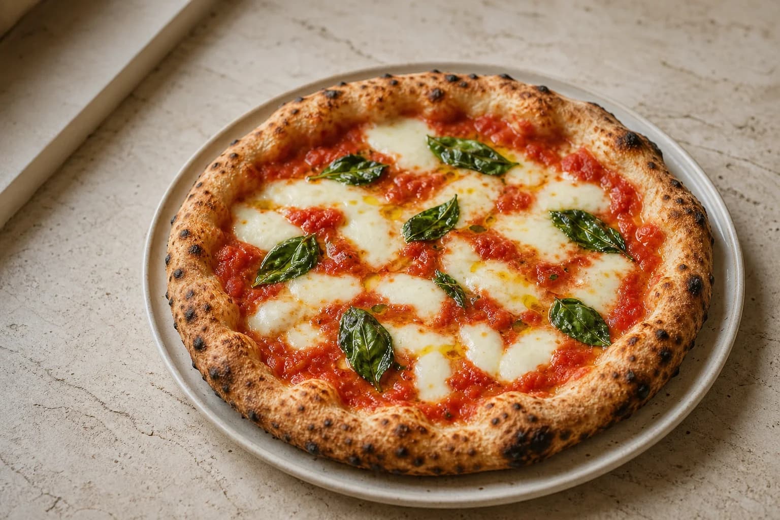 Home-oven Margherita pizza with a risen spotted rim, restrained tomato, drained fior di latte, basil, and olive oil.