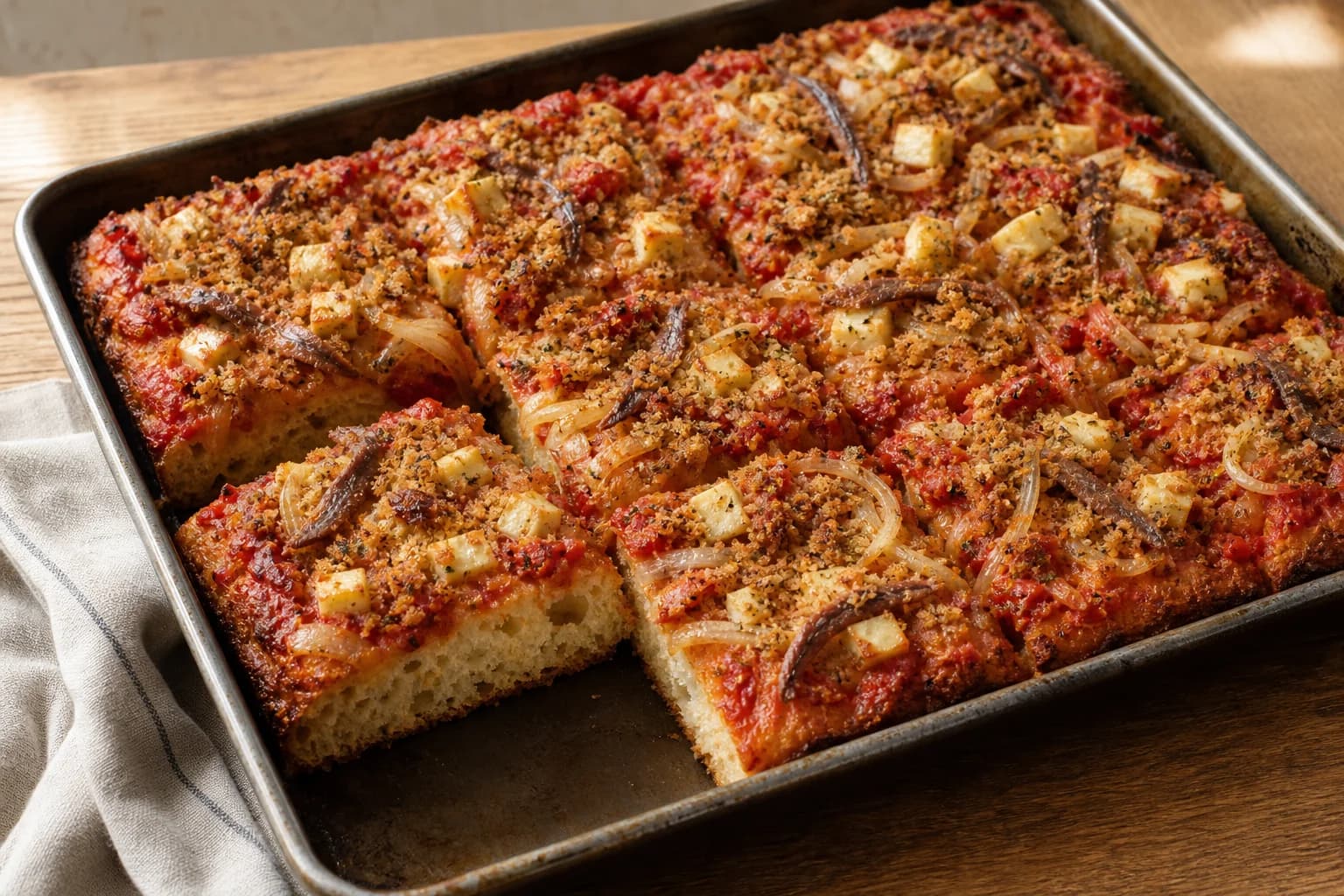 Sheet-pan Sicilian sfincione with tomato, onion, anchovy, aged cheese, breadcrumbs, and oregano.