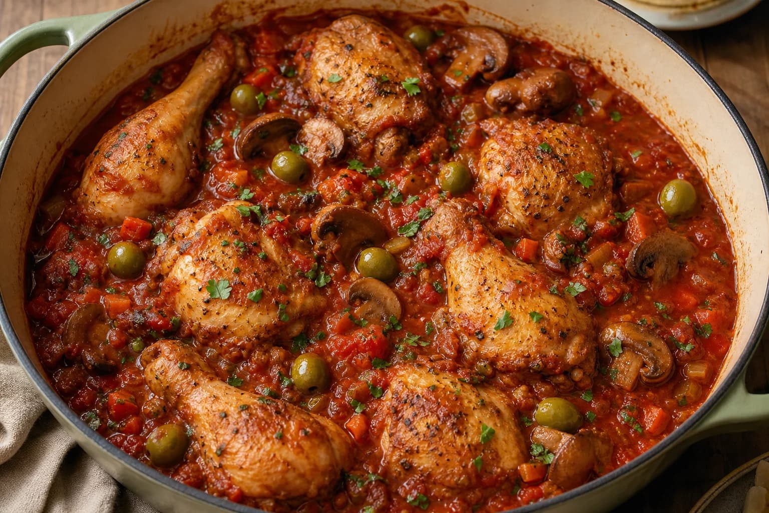 Chicken cacciatore with browned bone-in chicken, tomato-wine sauce, mushrooms, green olives, herbs, and exposed crisp skin.